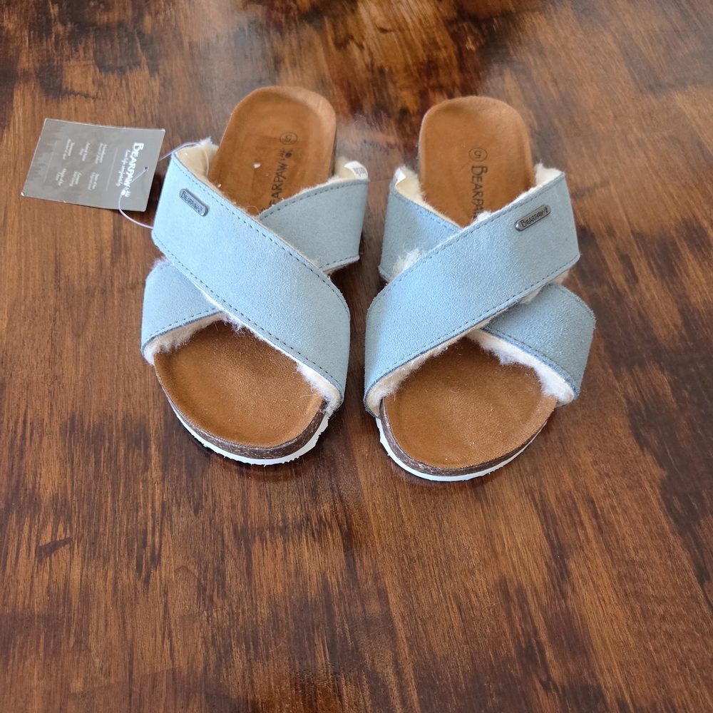 Bearpaw Light Blue Sandals Sheep Skin Lined, NWT Size Womens 5